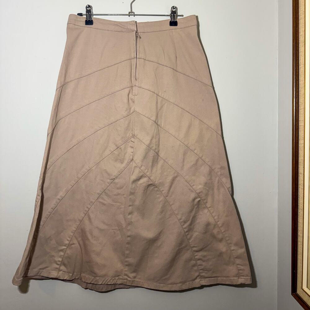 Bedford Fair Tan Khaki A-Line Midi Skirt Chevron Seam Cotton Stretch Boho Size 8